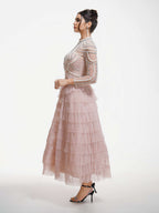 Party Dress Maxi Pink Stand Collar Beaded Long Sleeves Layered Flared Sleeves Chic Semi Formal Dress