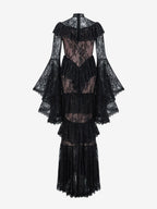 Party Dress Maxi White Stand Collar Lace Long Sleeves Shaping Flared Sleeves Chic Semi Formal Dress