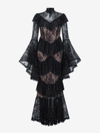 Party Dress Maxi White Stand Collar Lace Long Sleeves Shaping Flared Sleeves Chic Semi Formal Dress