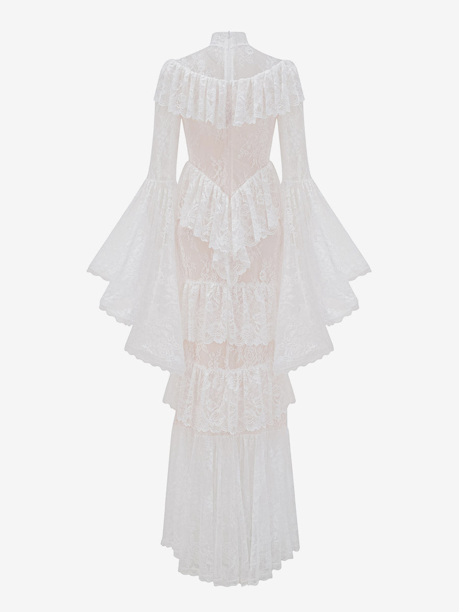 Party Dress Maxi White Stand Collar Lace Long Sleeves Shaping Flared Sleeves Chic Semi Formal Dress