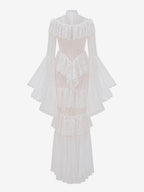 Party Dress Maxi White Stand Collar Lace Long Sleeves Shaping Flared Sleeves Chic Semi Formal Dress