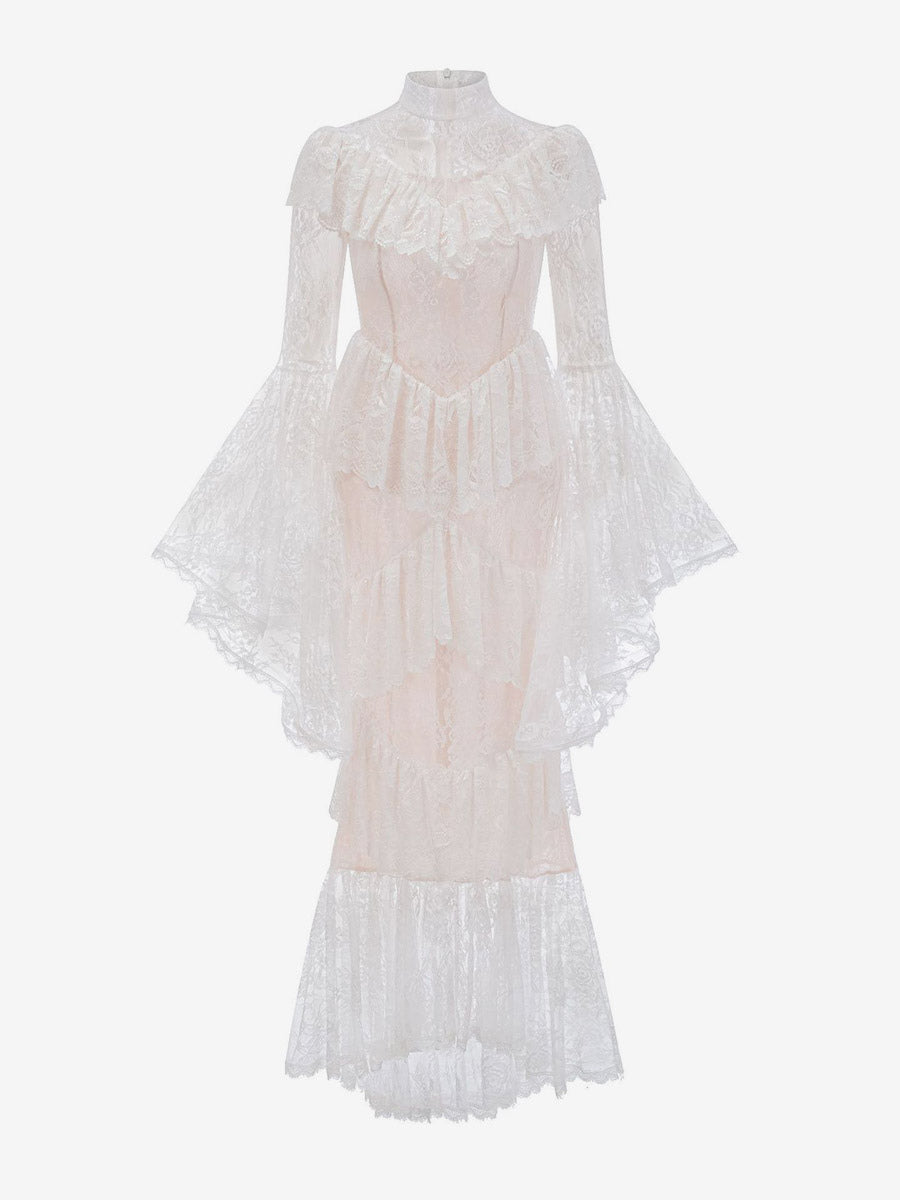 Party Dress Maxi White Stand Collar Lace Long Sleeves Shaping Flared Sleeves Chic Semi Formal Dress