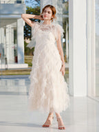 Party Dress Maxi Apricot Stand Collar Sleeveless Layered Sweet Semi Formal Dress