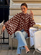 Blouse For Women Coffee Brown Polka Dot Pleated Lace Up Halter Chic Long Sleeves Tops