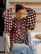 Blouse For Women Coffee Brown Polka Dot Pleated Lace Up Halter Chic Long Sleeves Tops