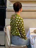 Blouse For Women Coffee Brown Polka Dot Pleated Lace Up Halter Chic Long Sleeves Tops