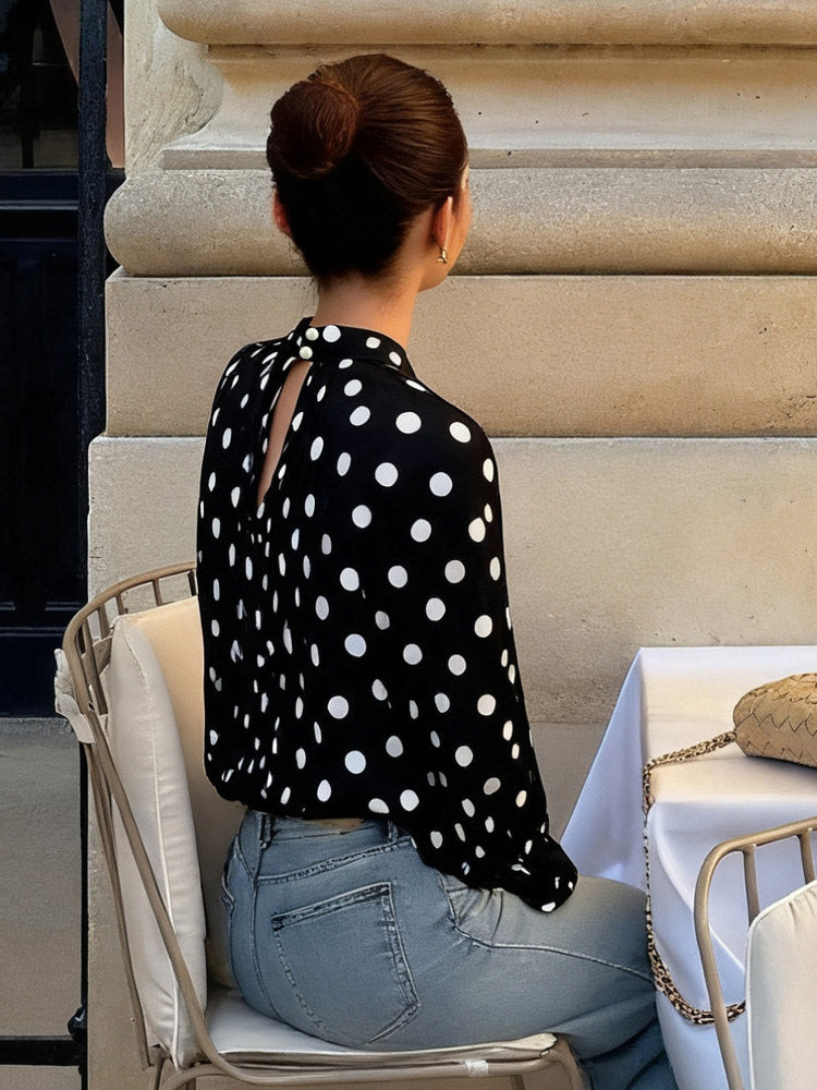 Blouse For Women Coffee Brown Polka Dot Pleated Lace Up Halter Chic Long Sleeves Tops