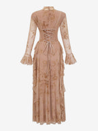 Party Dress Maxi Stand Collar Long Sleeves Floral Print Long Flared Sleeves Deep Brown Gown
