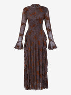 Party Dress Maxi Stand Collar Long Sleeves Floral Print Long Flared Sleeves Deep Brown Gown