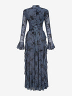 Party Dress Maxi Stand Collar Long Sleeves Floral Print Long Flared Sleeves Deep Brown Gown