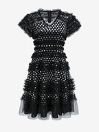 Vacation Dresses Midi Pleated Short Sleeves V-Neck Chic Black Dress