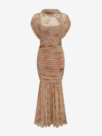 Party Dress Maxi Light Apricot Stand Collar Pleated Short Sleeves Printed Dress