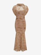 Party Dress Maxi Light Apricot Stand Collar Pleated Short Sleeves Printed Dress