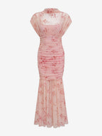Party Dress Maxi Light Apricot Stand Collar Pleated Short Sleeves Printed Dress