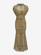 Party Dress Maxi Light Apricot Stand Collar Pleated Short Sleeves Printed Dress