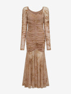 Party Dress Maxi Light Apricot Stand Collar Pleated Long Sleeves Printed Casual Dress