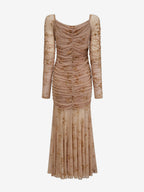Party Dress Maxi Light Apricot Stand Collar Pleated Long Sleeves Printed Casual Dress