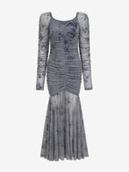Party Dress Maxi Light Apricot Stand Collar Pleated Long Sleeves Printed Casual Dress
