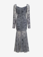 Party Dress Maxi Light Apricot Stand Collar Pleated Long Sleeves Printed Casual Dress