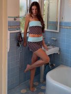 Two Piece Sets Blue Polka Dot Daily Casual Polyester Casual Strapless Sleeveless Skirt Set