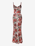 Two Piece Sets Red Casual Floral Print Street Wear Polyester Straps Neck Sleeveless Skirt Set
