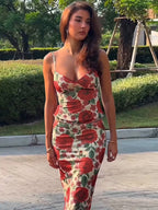 Two Piece Sets Red Casual Floral Print Street Wear Polyester Straps Neck Sleeveless Skirt Set