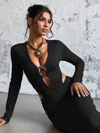 Night Out Dresses Black Long Sleeves V-Neck Backless Summer Dress