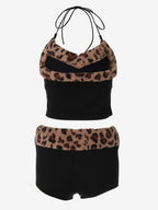 Two Piece Sets Burgundy Chic Leopard Print Daily Casual Straps Neck Sleeveless Pant Set