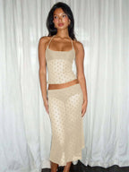 Two Piece Sets Black Polka Dot Sexy Straps Neck Sheer Sleeveless Skirt Set