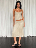 Two Piece Sets Black Polka Dot Sexy Straps Neck Sheer Sleeveless Skirt Set