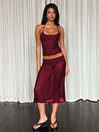Two Piece Sets Black Polka Dot Sexy Straps Neck Sheer Sleeveless Skirt Set