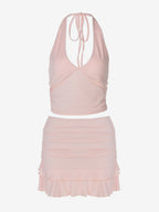 Two Piece Sets Pink Casual Ruffles Party Polyester Cowl Neck Sleeveless Skirt Set