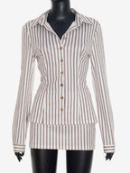 Two Piece Sets Brown Elegant Stripes Party Turndown Collar One Sleeve Long Sleeves Skirt Set
