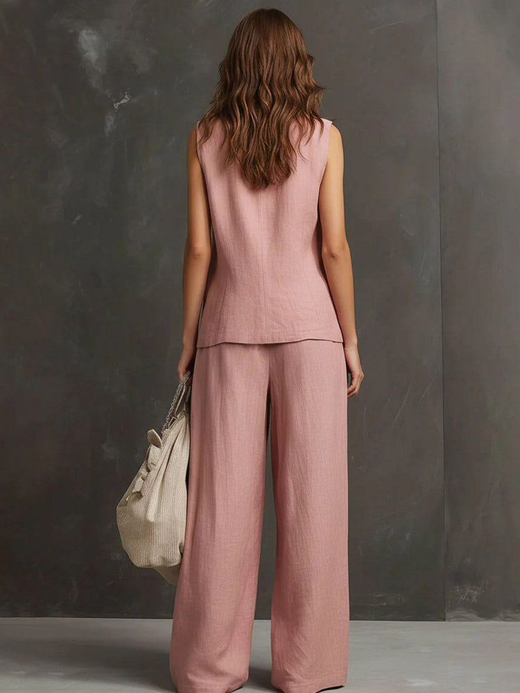 Two Piece Sets Burgundy Casual Daily Casual Linen V-Neck Sleeveless Pant Set