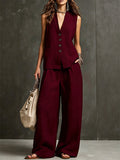 Two Piece Sets Burgundy Casual Daily Casual Linen V-Neck Sleeveless Pant Set