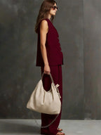 Two Piece Sets Burgundy Casual Daily Casual Linen V-Neck Sleeveless Pant Set