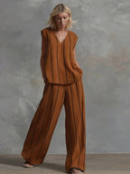 Two Piece Sets White Stripes Street Wear Lycra Spandex V-Neck Sleeveless Casual Pant Set