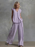 Two Piece Sets White Stripes Street Wear Lycra Spandex V-Neck Sleeveless Casual Pant Set
