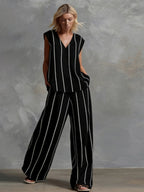 Two Piece Sets White Stripes Street Wear Lycra Spandex V-Neck Sleeveless Casual Pant Set