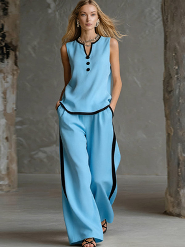 Two Piece Sets Black Chic Two-Tone Street Wear Buttons Polyester Jewel Neck Sleeveless Pant Set