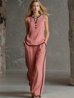 Two Piece Sets Black Chic Two-Tone Street Wear Buttons Polyester Jewel Neck Sleeveless Pant Set