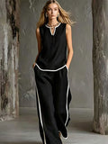 Two Piece Sets Black Chic Two-Tone Street Wear Buttons Polyester Jewel Neck Sleeveless Pant Set