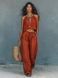 Two Piece Sets Burgundy Chic Daily Casual Cut Out Cowl Neck Sleeveless Pant Set