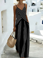 Two Piece Sets White Casual Stripes Daily Casual Polyester Straps Neck Sleeveless Pant Set