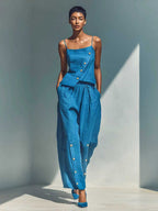 Two Piece Sets Sky Blue Street Wear Linen Buttons Asymmetrical Straps Neck Sleeveless Casual Pant Set