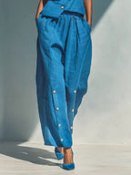 Two Piece Sets Sky Blue Street Wear Linen Buttons Asymmetrical Straps Neck Sleeveless Casual Pant Set
