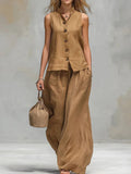 Two Piece Sets Brown Chic Daily Casual Cotton Linen Stand Collar Sleeveless Pant Set