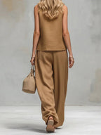 Two Piece Sets Brown Chic Daily Casual Cotton Linen Stand Collar Sleeveless Pant Set