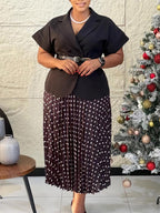 Two Piece Sets Black Casual Polka Dot Street Wear Turndown Collar Short Sleeves Skirt Set