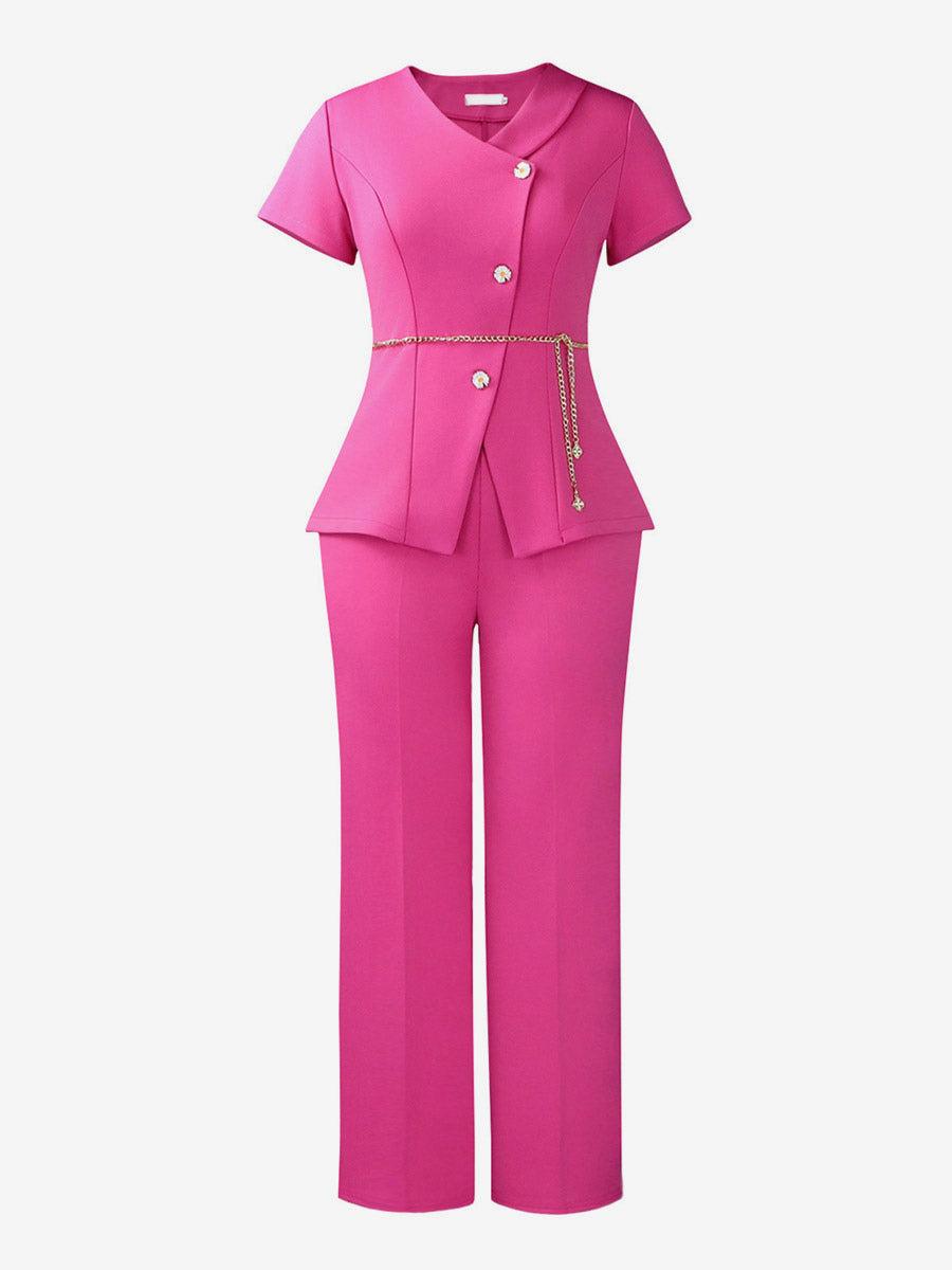 Two Piece Sets Burgundy Chic Daily Casual Chains Polyester V-Neck T-Shirt Sleeves Short Sleeves Pant Set